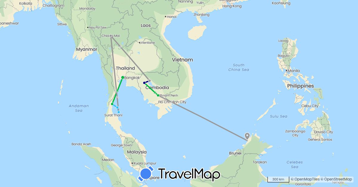TravelMap itinerary: driving, bus, plane, boat in Cambodia, Malaysia, Thailand (Asia)